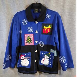 Vintage Onque Casuals Women Royal Blue Christmas Cardigan w/Snowmen Buttons LG